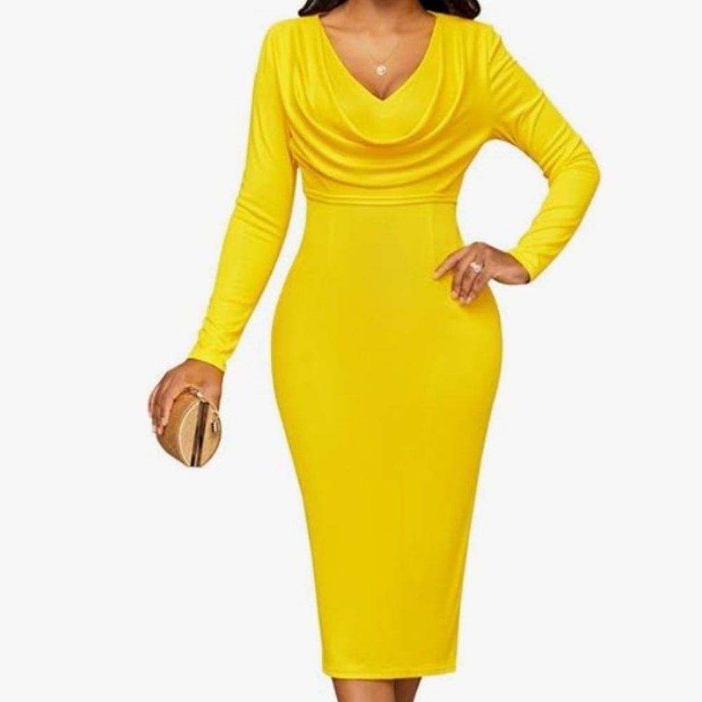 Yellow fitted long sleeve midi drape cowl neck dress